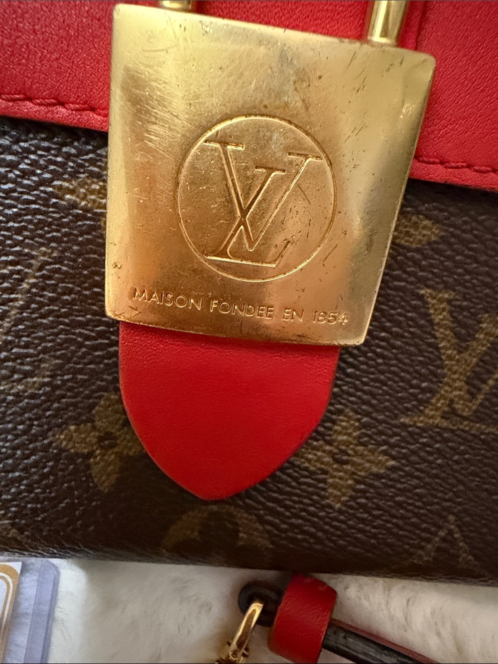 Louis Vuitton Brown Monogram Shoulder Bag with Red Leather Trim